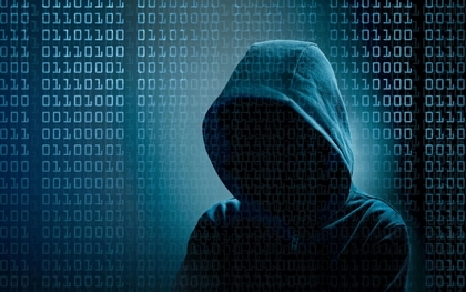 Hacker Cybersecurity graphic with hooded person surrounded by computer code numbers